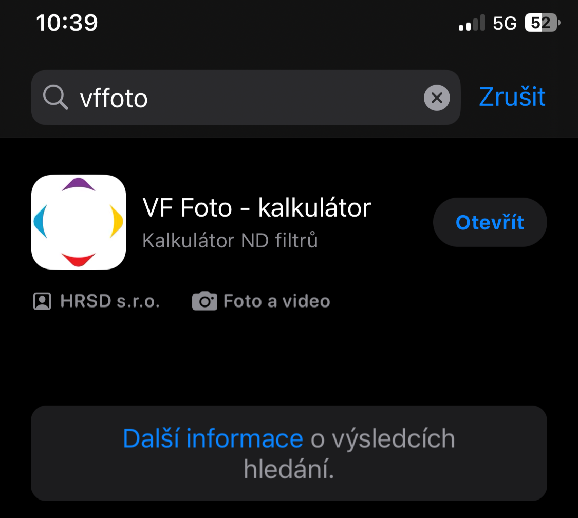 aplikace VFFOTO - ND filtr kalkulátor